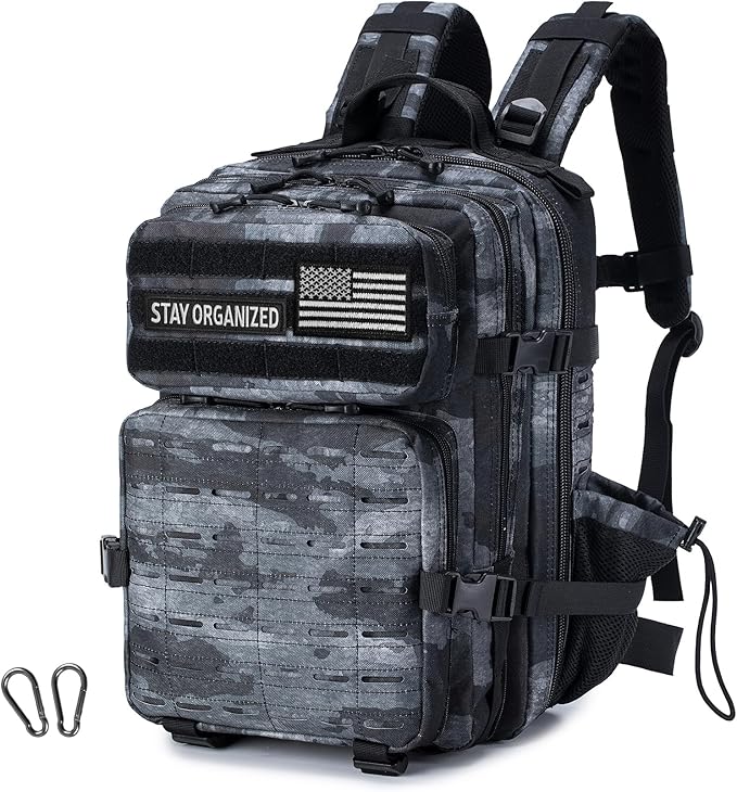 Tactical Military Backpack for Man, 45L Waterproof Army Pack Rucksack Hiking Laptop Backpack 3 Day Bug Out Bag, Includes Two Flags and Two Carabiner Camouflage