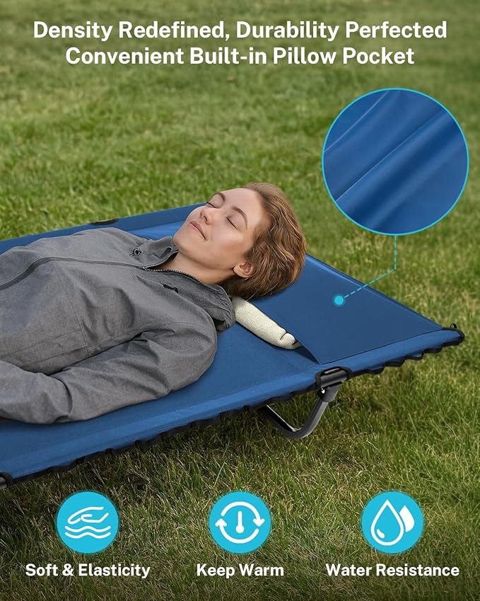 Gonex 31.5" Extra Wide Camping Cot with Premium Pillow Pocket Supports 350lbs, Portable Ultralight Folding Cot Bed for Adults Travel, Beach, Home, Sleeping (Blue)