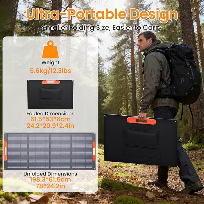 200W Foldable Solar Panel, Monocrystalline Solar Panel, Waterproof ETFE Surfaces (IP67), 24% Conversion Rate, Includes 4-in-1 MC4s Adapter Cable, Ideal for Powers Stations, RVs, Hiking, Camping