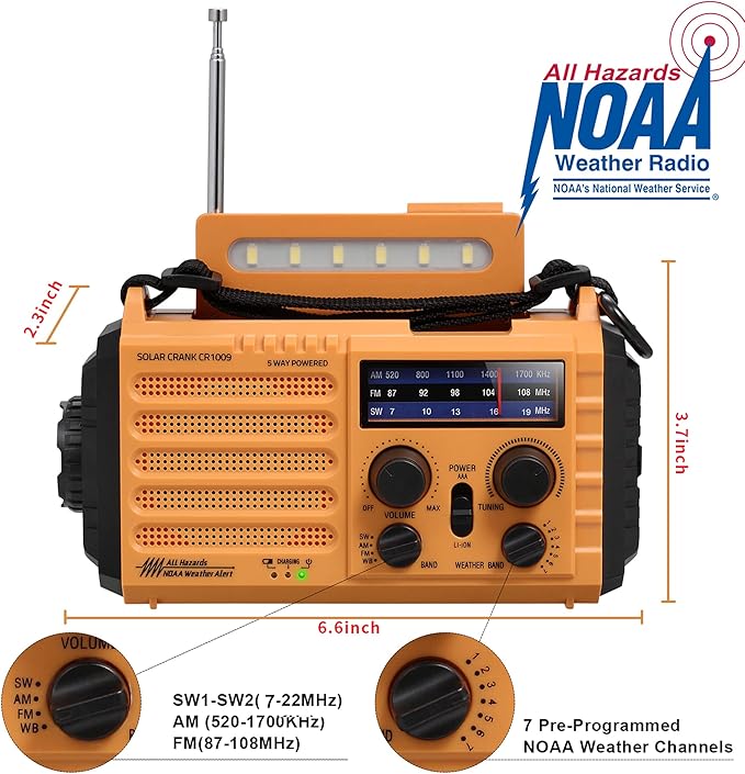NOAA Weather Radio AM/FM/Shortwave, 5 Way Powered Emergency Radio 5000mAh/18500mWh Battery Backup Solar Crank, Portable Phone Charger with LED Flashlight, Reading Lamp and SOS Alarm for Survival