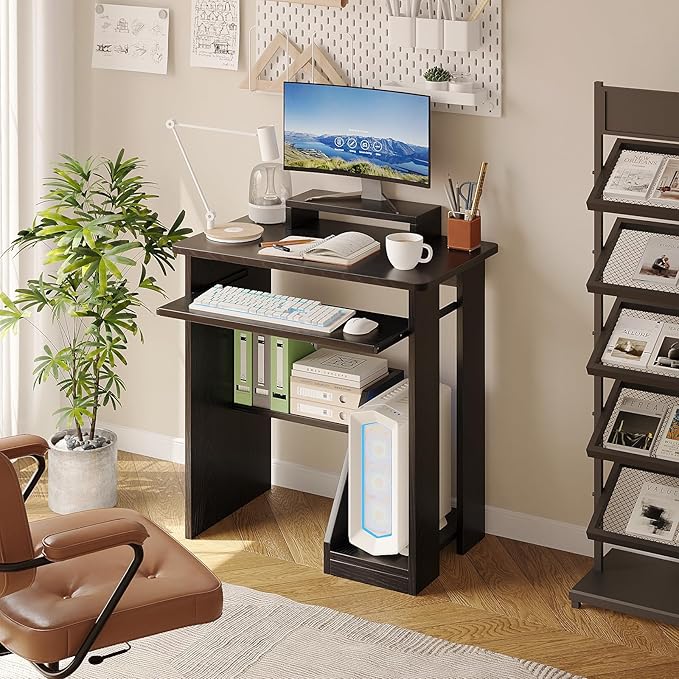 ALISENED 30" Small Computer Desk with Keyboard Tray Monitor Stand, Study Writing Desk with Storage Shelves, Modern Workstation for Small Spaces, Save Space, Black A