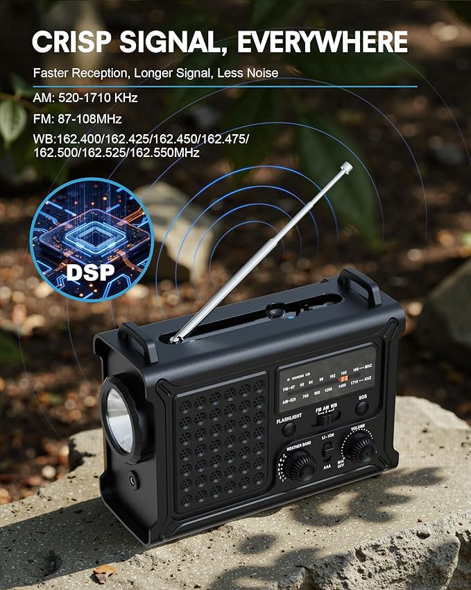 Upgraded Emergency Weather Radio - Hand Crank & Solar Powered, NOAA/AM/FM Radio with Weather Alert, Portable USB Charger, Flashlight, Reading Lamp, SOS for Home Emergency Kit, Camping & Outdoor Black