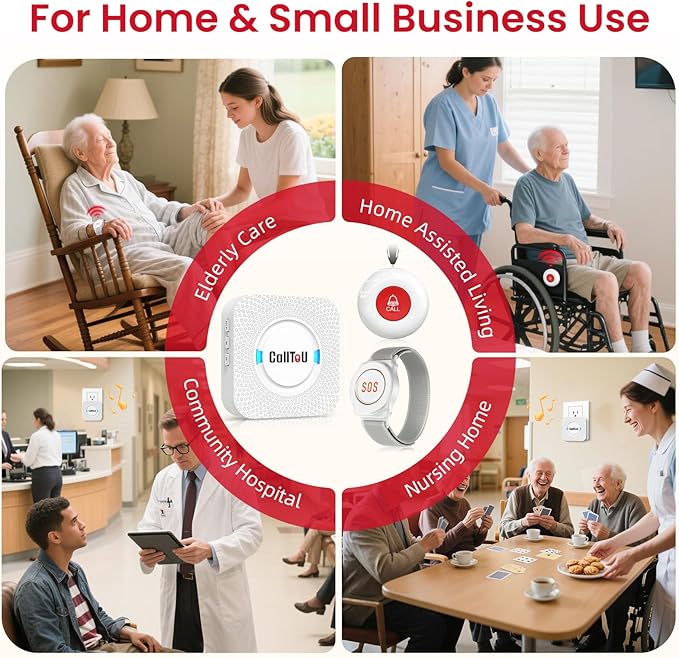 CallToU Caregiver Pager Wireless Call Button Nurse Alert System 500+ Feet for Home/Elderly/Patient/Disabled 2 Plugin Receiver 2 Waterproof Transmitter 1 Watch Transmitter