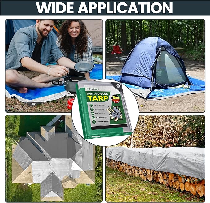 TICONN Heavy Duty Tarp Cover, Extra Thick Tarps Waterproof Tear and Rip Proof UV Resistant Tarpaulin with Reinforced Grommets and Edges (16 Mil, 12'x16')