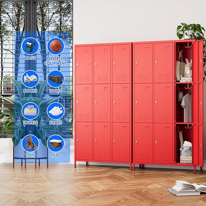 Metal Lockers for Employees with 9 Doors and 27 Hooks, 72”H Storage Locker with Card Slot for Office Gym School Bedroom, Red, Assembly Required