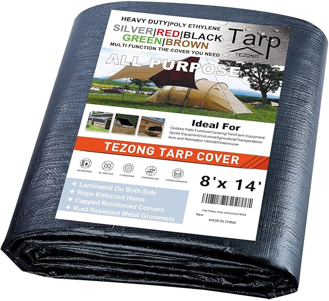 TEZONG Tarps Heavy Duty Waterproof 8x14ft,Black Plastic Tarps Large Multipurpose Outdoor Tarp Cover Thick Poly Tarpaulin 16MIL for Emergency Rain or Sun, Roof, Patio Furniture, Firewood, Canopy