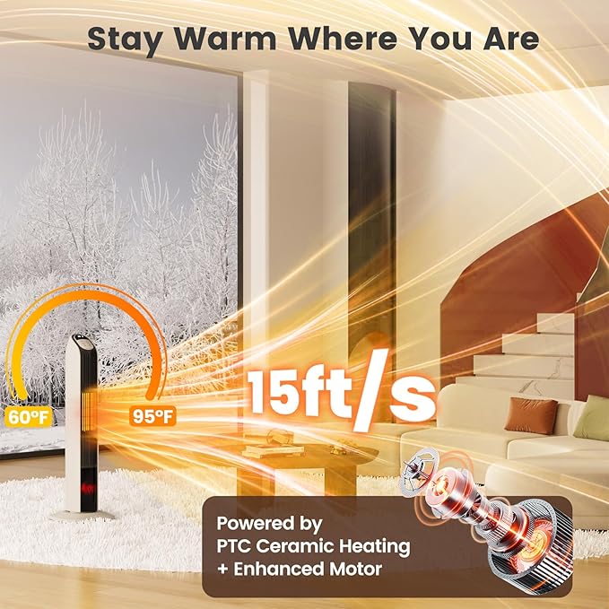 VCJ 33” Space Heater for Indoor Use, 1500W PTC Ceramic Electric Heater with Thermostat, Remote, 12H Timer, 108°Oscillation, LED Display Quiet Portable Heater for Bedroom Office