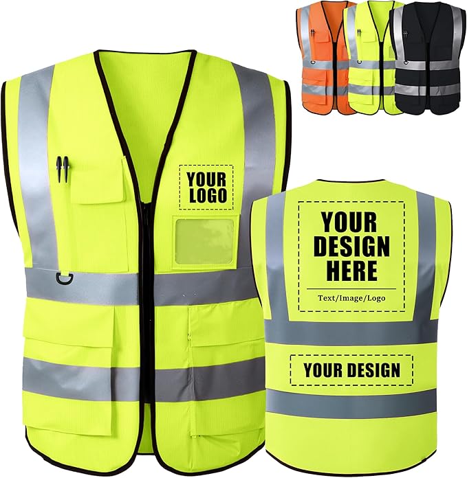 Custom Safety Vest with Logo, High Visibility Reflective Personalized Vest with Pockets for Men Women Construction