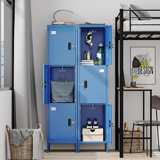 Metal Locker with Hooks and Ventilation Holes,Metal Storage Locker with Keys and Business Card Slot for Home,Gym,Garage,School,Office,66" H×15.75" W× 15.75" D,Assembly Required,Blue