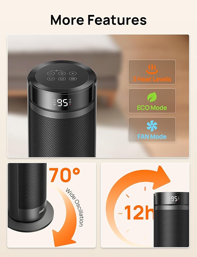 Dreo Space Heater for Large Room, 23 Inch Electric Heaters for Indoor Use, 8 Safe Protection Tower, 70° Oscillation, PTC Ceramic with Thermostat and Remote, Quiet, 12H Timer, Bedroom, Office