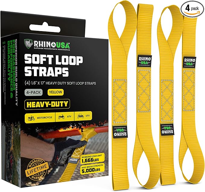 Rhino USA Soft Loop Tie Down Straps (4-Pack) - 1.6 Inch x 17 Inch (5,000 lbs Break Strength) Heavy Duty Motorcycle Handlebar Straps for use with Ratchets for ATV, UTV, Dirt Bike (Yellow)