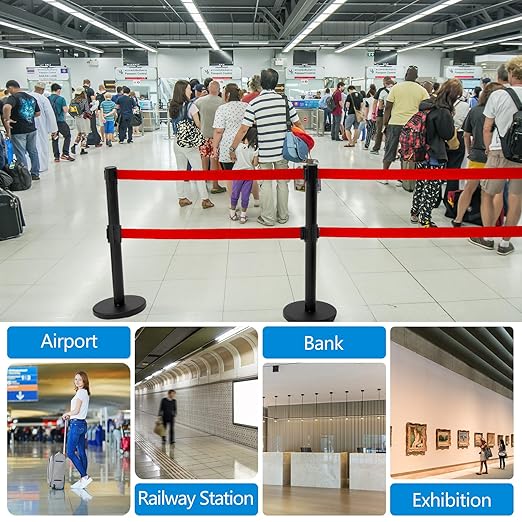 Therwen 6 Pcs Double Retractable Belt Barrier with Stanchion Dual Retractable Safety Belt Heavy Duty Crowd Control Stanchions Stainless Steel Post Holder Safety Barrier Stand (9.8 ft,Black and Red)