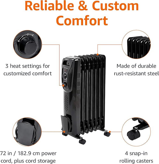 Amazon Basics Portable Oil Radiator Heater for Indoor Use, 3 Heat Settings, Over-Heat Protection, ETL-certified Safety, 7 Oil-Filled Steel Fins, 1500W, 11"D x 14.8"W x 25.2"H, Black