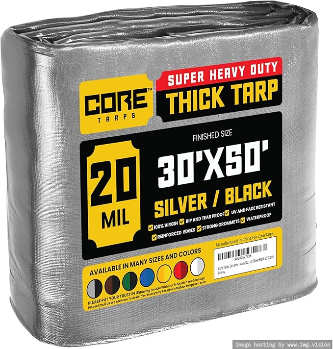 Core Tarps Extreme Heavy Duty 20 Mil Tarp Cover, Waterproof, UV Resistant, Rip and Tear Proof, Poly Tarpaulin with Reinforced Edges for Roof, Camping, Patio, Pool, Boat (Silver/Black 30′ X 50′)