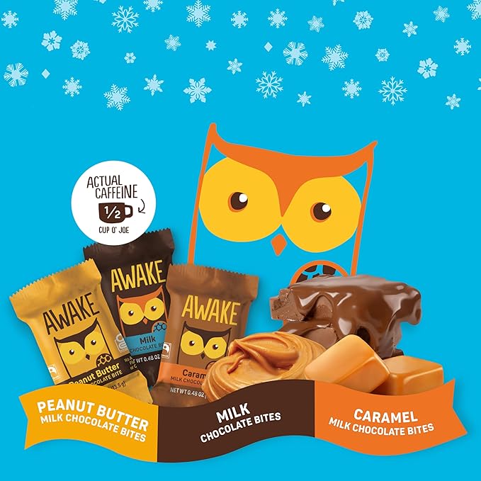 AWAKE - Caffeinated Chocolate Bites - 50mg Caffeine per bite - Winter Wake Up Variety Pack (3 Flavors), 50 Bites - Peanut Butter, Milk, & Caramel - Energy Bites - Coffee Alternative - Fairtrade, Gluten Free, Non GMO - 0.48oz each