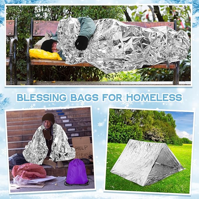 60 Pcs Homeless Care Package Supplies Winter Beanie Gloves Sock Drawstring Bags Emergency Blankets for Men Women