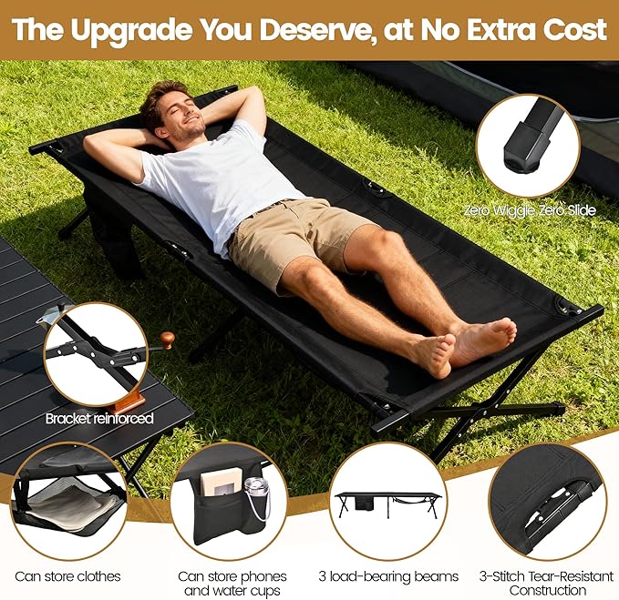 Portable Camping Cot for Adults, 300lbs Heavy Duty Folding Bed with 60s Quick Setup, Compact & Lightweight for Outdoor, Guest, Office Nap, Hospital Stay(Black)