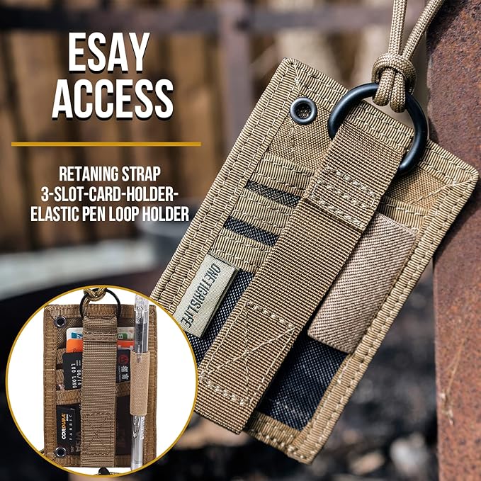OneTigris Tactical ID Card Holder Hook & Loop Patch Badge Holder Neck Lanyard Key Ring and Credit Card Organizer (Coyote Brown)
