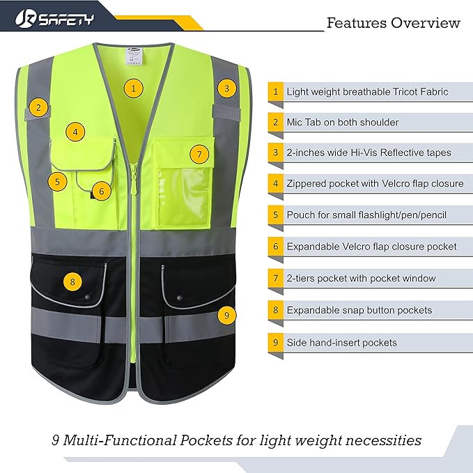 JKSafety 9 Pockets High Visibility Zipper Front Safety Vest With Reflective Strips,Meets ANSI/ISEA Standard (150-Yellow-Black, 3XL)