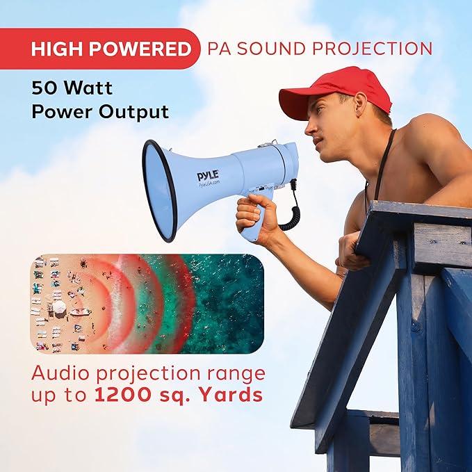 Pyle 50W Megaphone Bullhorn - Portable, Automatic Siren & Adjustable Volume, Projection Range Up to 1200 Square Yards, Aux Input, Talk, Siren, Music, Whistle, & Record, Shoulder Strap (Black)
