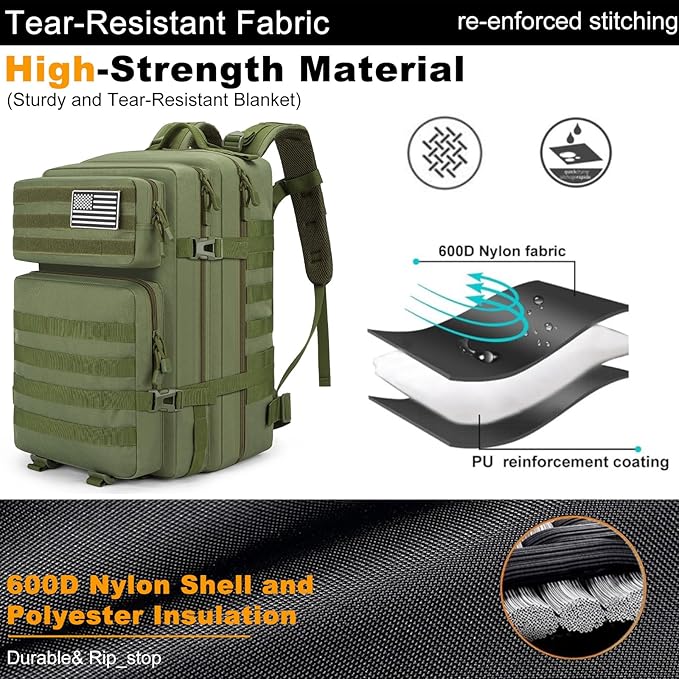 Tactical Backpack 45L Army Military Rucksack, Water Resistant MOLLE Pack, Large 3 Day Bug Out Bag for Men & Women, Durable Outdoor Gear for Hiking, Camping, Hunting, Travel(ArmyGreen)