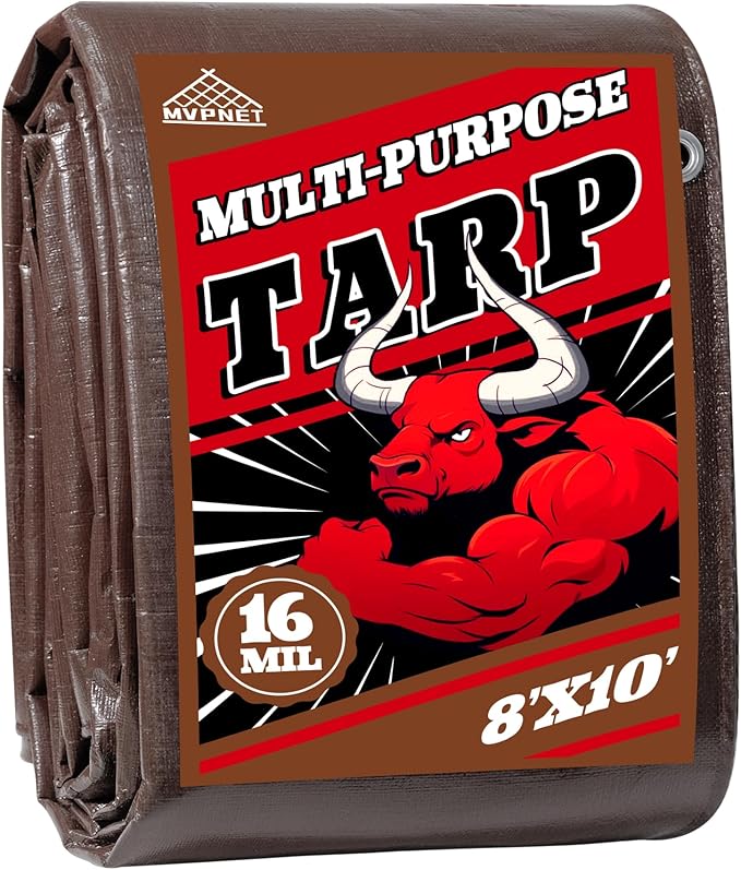 Tarp 8x10 ft Super Heavy Duty 16mil 100% Waterproof,Uv Resistant,High Durability Multipurpose Brown Tarp Suitable for Courtyards, Cars, Camping, Gardens, Pet Nests -by Mvpnet