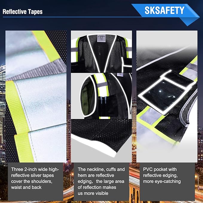 SKSAFETY 10 Pockets Safety Vest, Class 2 High Visibility Security with Zipper Double-sided mesh, Hi Vis Vest with Reflective Strips, ANSI/ISEA Standard, Construction Work Vest （Black, 5XL）