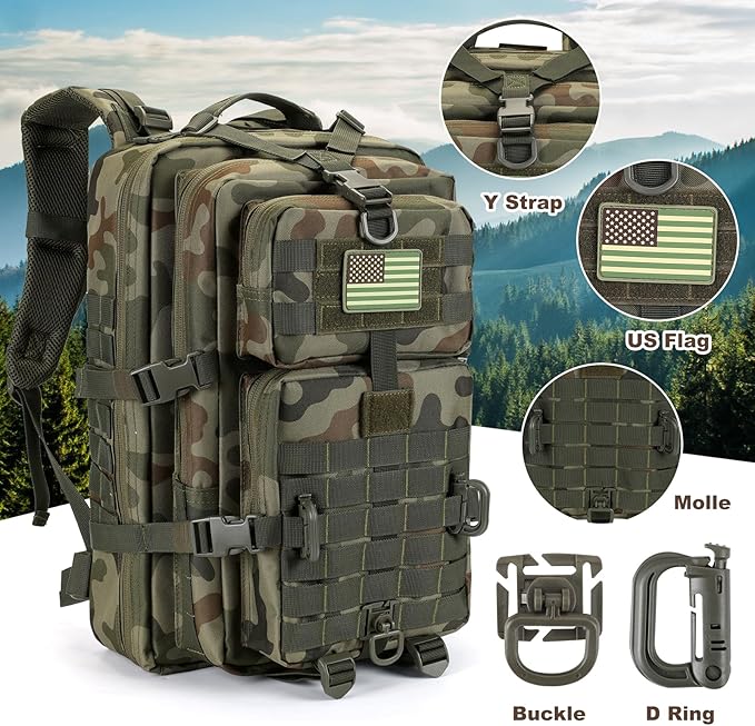 MOLLE Assault Backpack, Tactical Backpack Military Army Camping Rucksack, 3-Day Pack Trip w/USA Flag Patch, D-Rings, Polish Camo