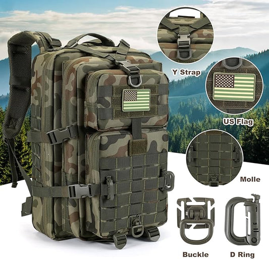 MOLLE Assault Backpack, Tactical Backpack Military Army Camping Rucksack, 3-Day Pack Trip w/USA Flag Patch, D-Rings, Polish Camo
