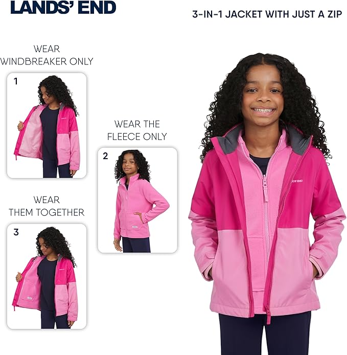 Lands' End Unisex Kids 3-in-1 Water Resistant Windbreaker and Zip-out Polar Fleece Jacket