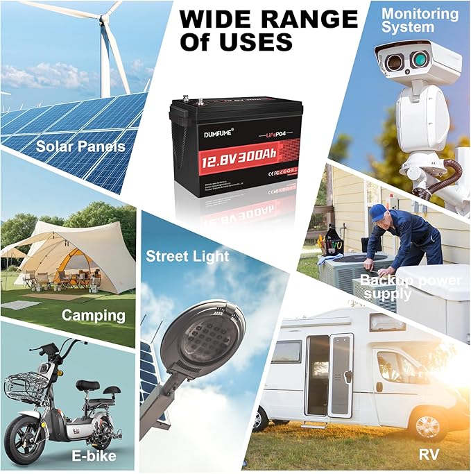 12V 300Ah Lithium LiFePO4 Battery,200A BMS Max.3840W Load Power,Rechargeable Lithium Iron Phosphate Battery for Solar Energy Storage,Backup Power,RV,Camping,Off-Grid