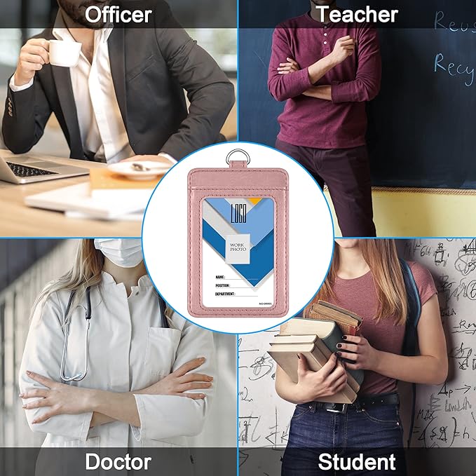 Badge Holder, Wisdompro 2-Sided PU Leather ID Badge Card Holder Wallet Case with 1 Clear ID Window and 1 Credit Card Slot and 22 Inch Quick Rlease Detachable Neck Lanyard Strap-Rose Gold (Vertical)
