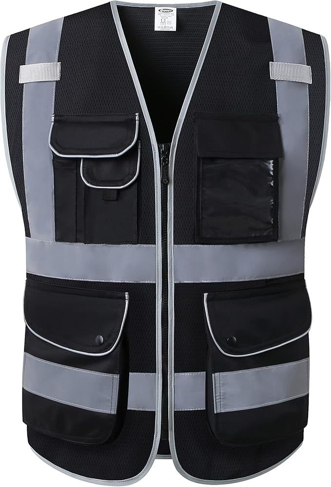 JKSafety 9 Pockets High Visibility Safety Vest for Men and Women, Hi-Vis Reflective Black Safety Vests with Zipper Front, Meet ANSI/ISEA Standards (159-Black 4XL)