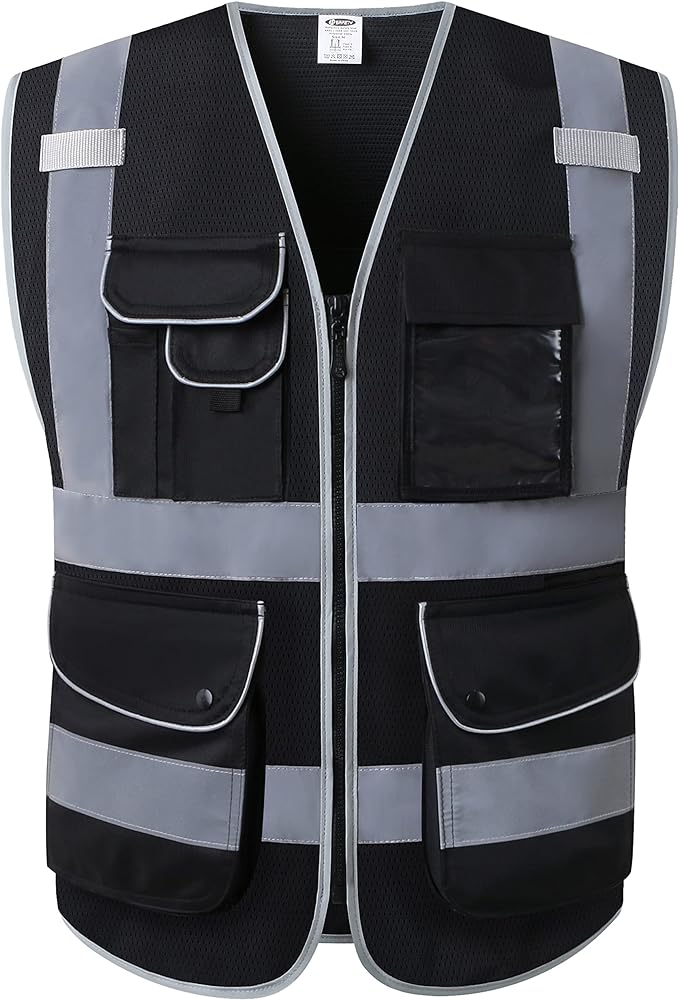 JKSafety 9 Pockets High Visibility Safety Vest for Men and Women, Hi-Vis Reflective Black Safety Vests with Zipper Front, Meet ANSI/ISEA Standards(159-Black XXL)