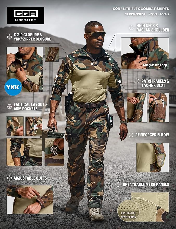 CQR Men's Combat Shirt Tactical 1/4 Zip Long Sleeve Military BDU Shirts Camo EDC Top with Pockets