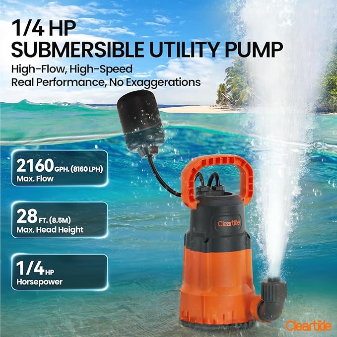 Cleartide Submersible Sump Pump with Tethered Float Switch, 1/4 HP Utility Water Pump,100% Copper Motor, Electric Drain Pump Handles 1/8" Solids, 10 FT Cord