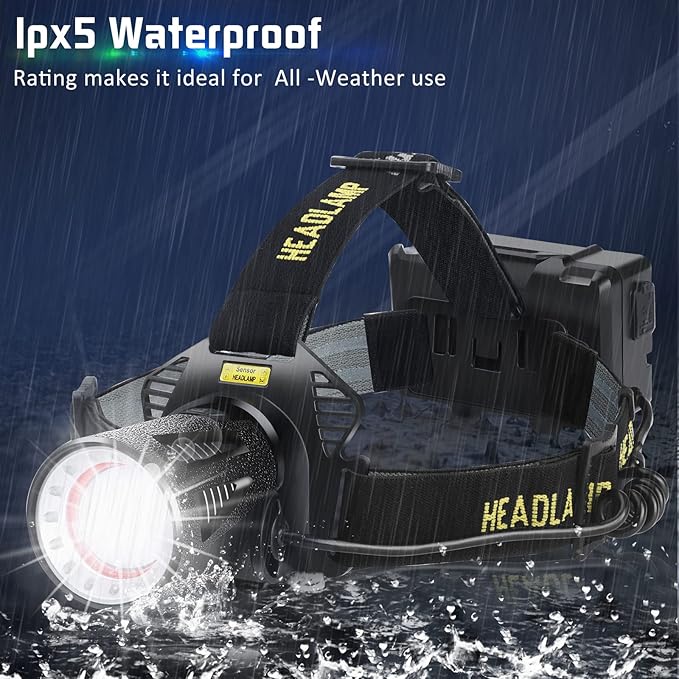 Aikertec Headlamp Rechargeable, Super Bright Headlamp for Adults with Motion Sensors, 7 Modes, Zoomable, IP68 Waterproof Head Flashlight for Camping Hunting Fishing (Batteries Included)