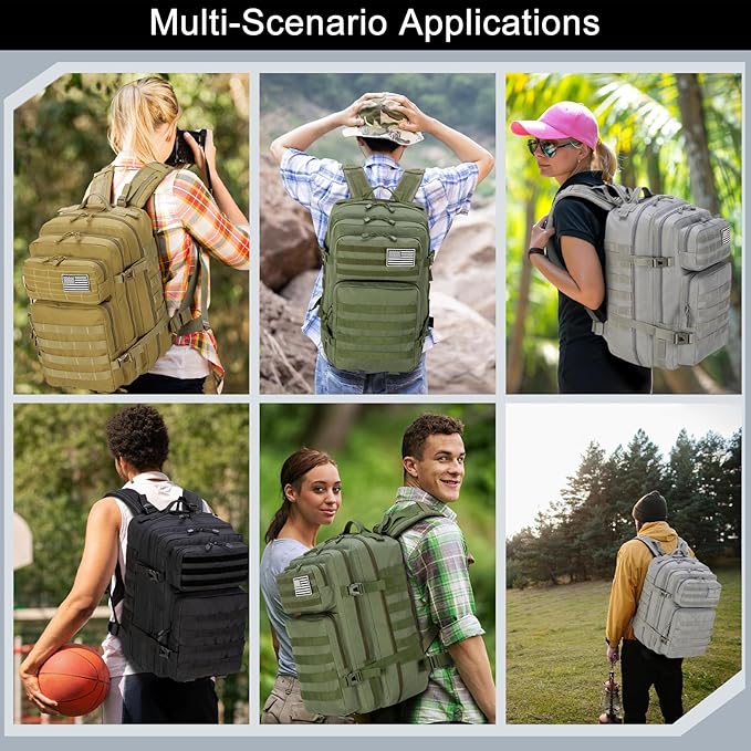 Tactical Backpack 45L Army Military Rucksack, Water Resistant MOLLE Pack, Large 3 Day Bug Out Bag for Men & Women, Durable Outdoor Gear for Hiking, Camping, Hunting, Travel (Khaki)