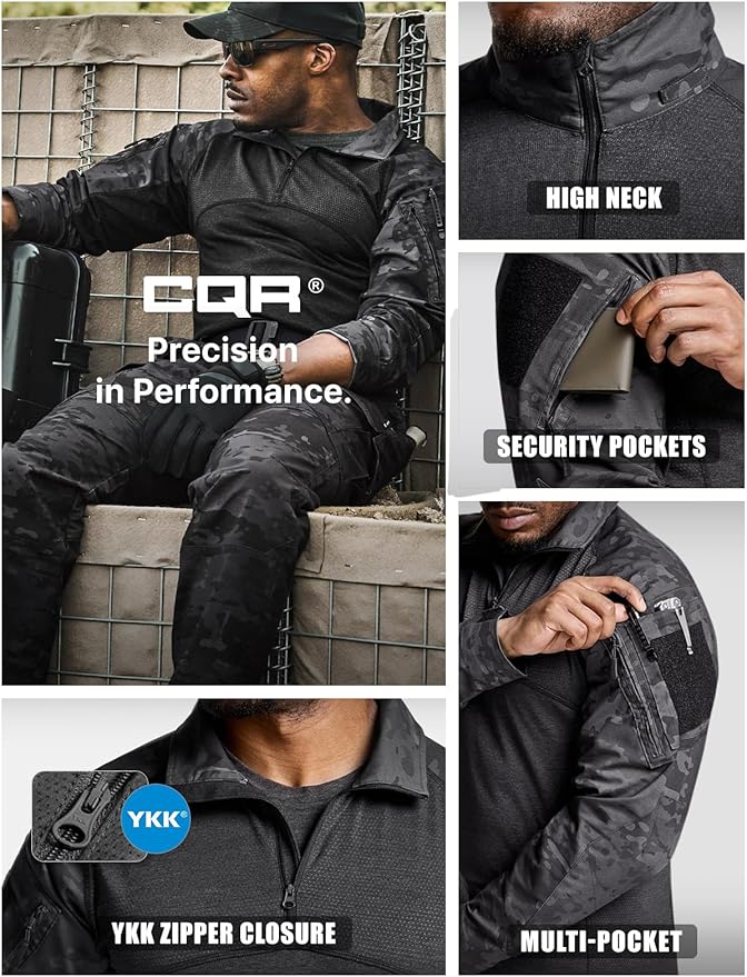 CQR Men's Combat Shirt Tactical 1/4 Zip Long Sleeve Military BDU Shirts Camo EDC Top with Pockets