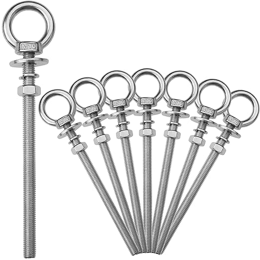 8 Pack M10 Stainless Steel Eye Bolts with Nuts, 3/8" x 6" Long Lifting Ring Eye Bolt， Eye Bolts Heavy Duty for Hang Tie Down Outdoor (8, M10x153mm (3/8"x6"))