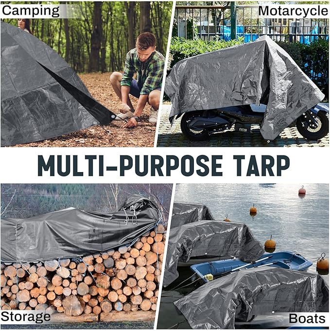 8 Pack 6 x 8 ft 5.5 Mil Large Tarps Heavy Duty Waterproof Tarp Multi Purpose Tent Cover for Home Boats Cars Camping Patio Furniture Roof Emergency Rain Protective Cover, Gray