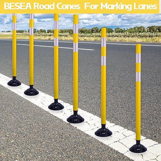 BESEA 8 Pack 36 Inch Traffic Delineator Posts with Reflective Collars Yellow Road Cones,Yellow Durable Flexible Safety Cones for Construction, Parking Lot, and Roadway Use
