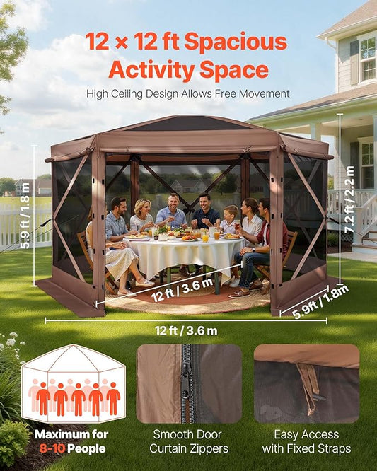 VEVOR Pop up Gazebo Screen Tent, 12 x 12 ft Large 6-Sided Camping Canopy Tent with Removable Top & Carry Bag, Quick-Set & Bite-Proof, Screen House Sun Shelter for 8-10 Persons Backyard Patio, Brown