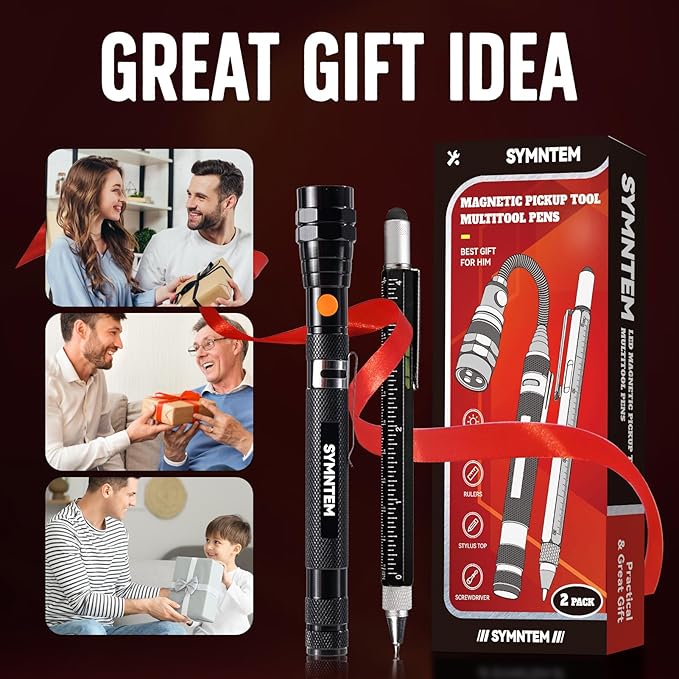 Gifts for Dad, Magnetic Pickup Tool, 6-in-1 Multitool Pen,Includes Touch Screen Stylus, Rulers, Bubble Level, Screwdrivers, Ballpoint Pen, Christmas Gifts Stocking Stuffers for Men, Black