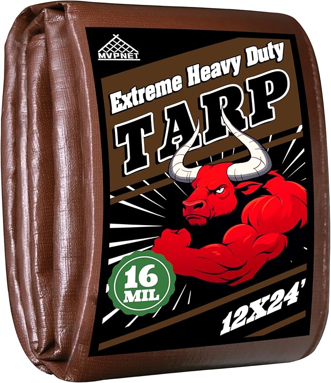 Tarp 12x24ft Heavy Duty Waterproof 16 Mil Tarps,UV-Resistant,Tear-Proof,Black&Brown Multipurpose Tarps,for Outdoor Pool,Camping,Tent,Roof,Garden,Etc -by MVPNET