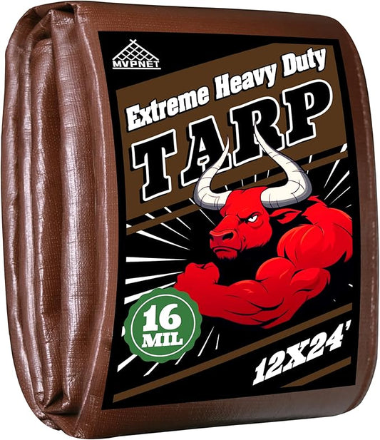 Tarp 12x24ft Heavy Duty Waterproof 16 Mil Tarps,UV-Resistant,Tear-Proof,Black&Brown Multipurpose Tarps,for Outdoor Pool,Camping,Tent,Roof,Garden,Etc -by MVPNET