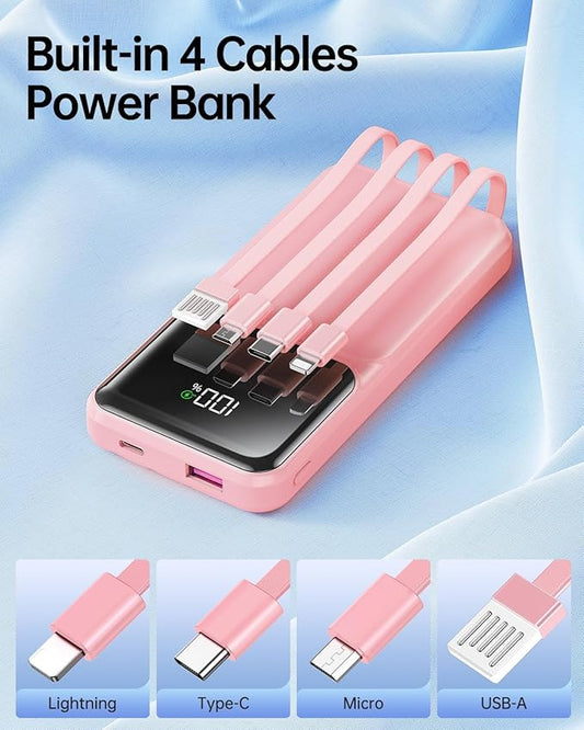 Portable Charger with Built in Cable - Power Bank Fast Charging 22.5W USB C 10000mAh LED Display Travel Battery Pack 5 Outputs & 3 Inputs for iPhone Samsung Android iPad Phones Tablets etc