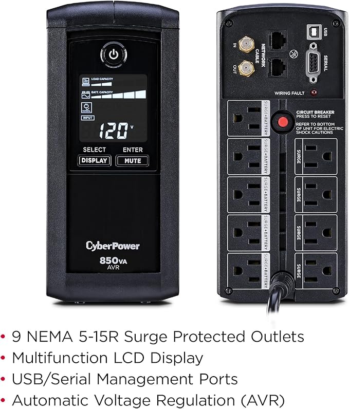 CyberPower CP850AVRLCD Intelligent LCD UPS Battery Backup and Surge Protector, 850VA/510W, 9 Outlets, AVR, Mini-Tower, UL Certified
