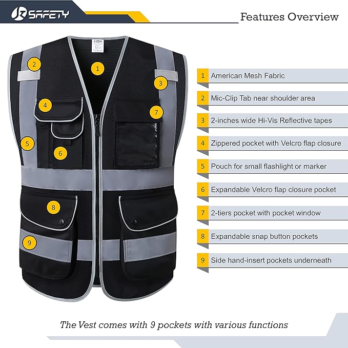 JKSafety 9 Pockets High Visibility Safety Vest for Men and Women, Hi-Vis Reflective Black Safety Vests with Zipper Front, Meet ANSI/ISEA Standards(159-Black L)