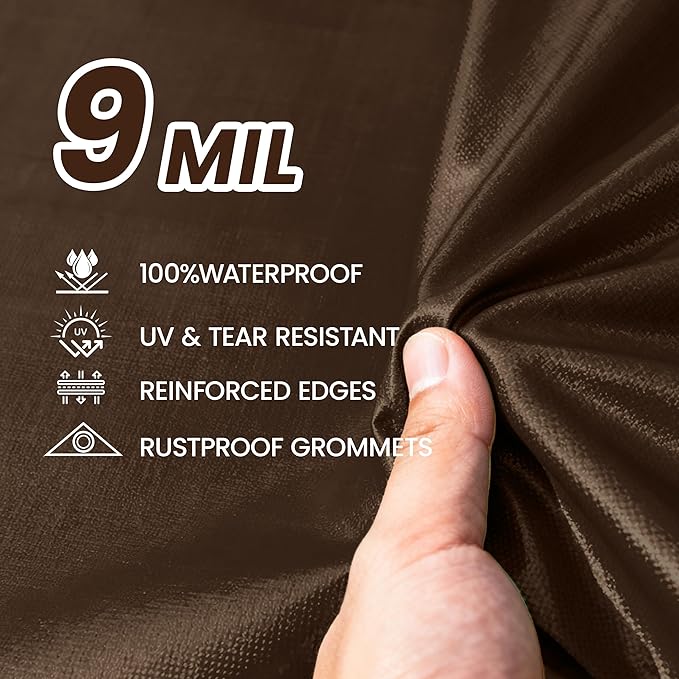 Heavy Duty Tarp 9 Mil Outdoor Ultra-Light Multi-Purpose Waterproof Reinforced Durable Rip-Stop Tarps with Grommets - 8 x 10 Feet, Brown Sliver